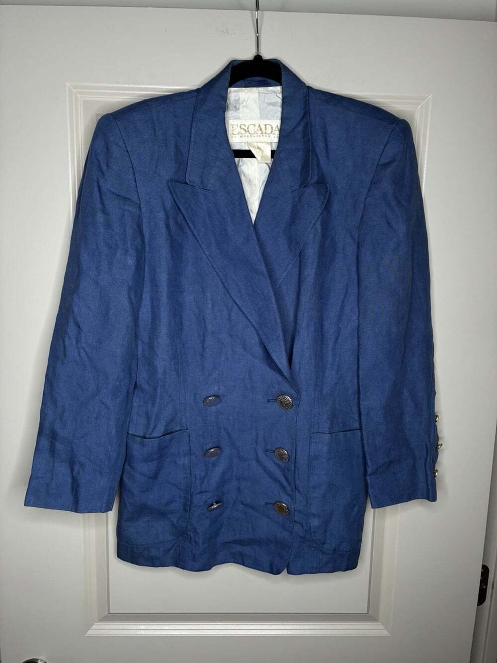 Escada Vintage 100% Linen Double Breasted Blazer Blue w/ Gold Buttons Size 38
